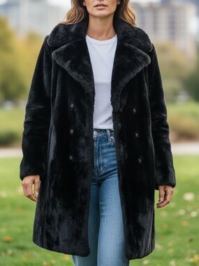 Niccolini Vintage Long Faux Fur Double Breasted Retro Funky Pea Coat Size M